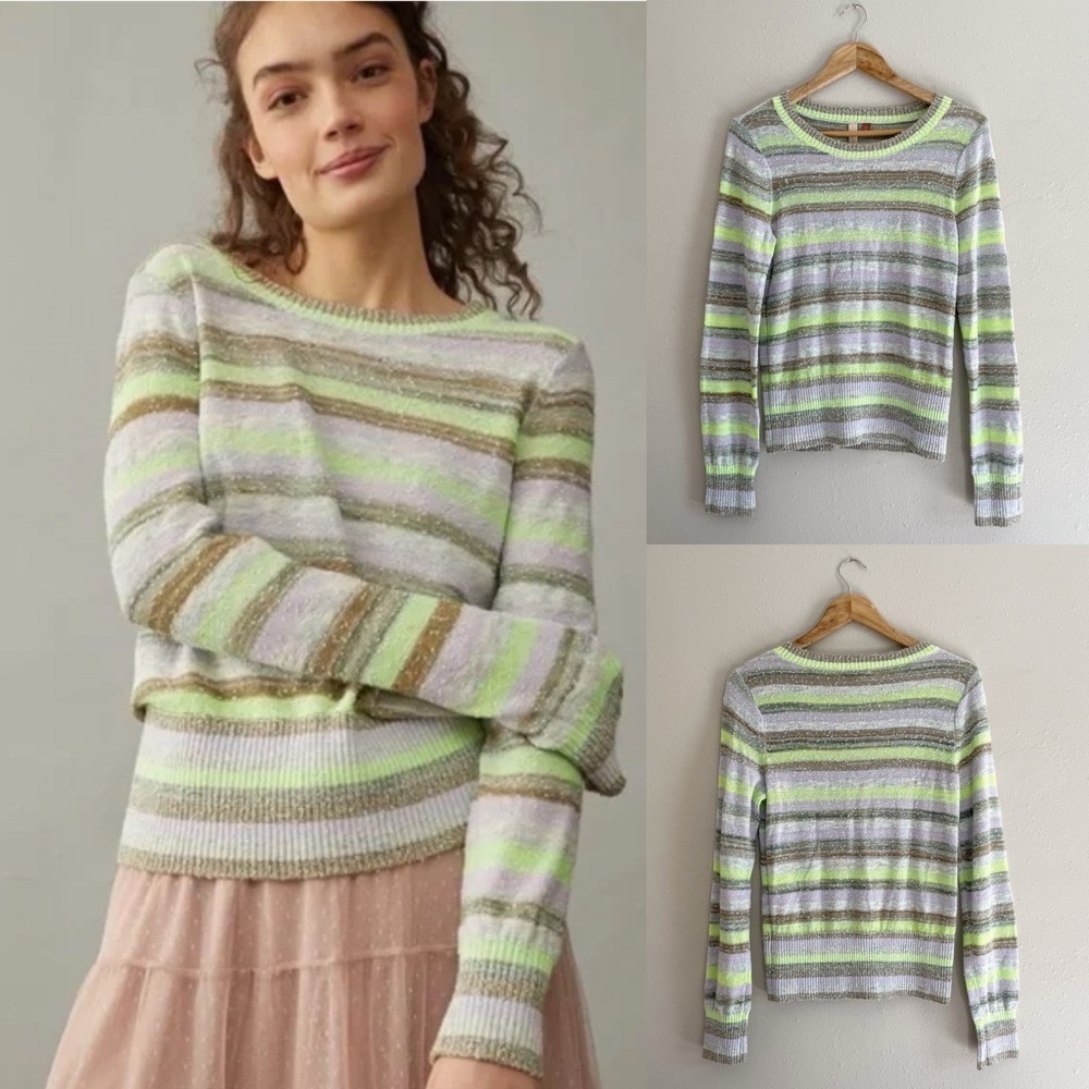 PILCRO | Anthropologie | Darby Striped Green/Purple Pullover Sweater